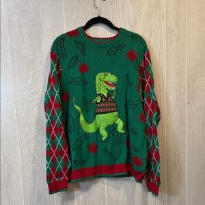 Unisex Festive Green Dinosaur Crewneck Sweater, L